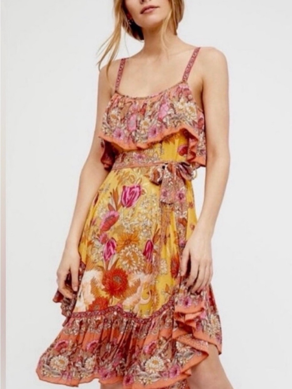 Spell Yellow and Pink Floral Ruffle Midi Dress